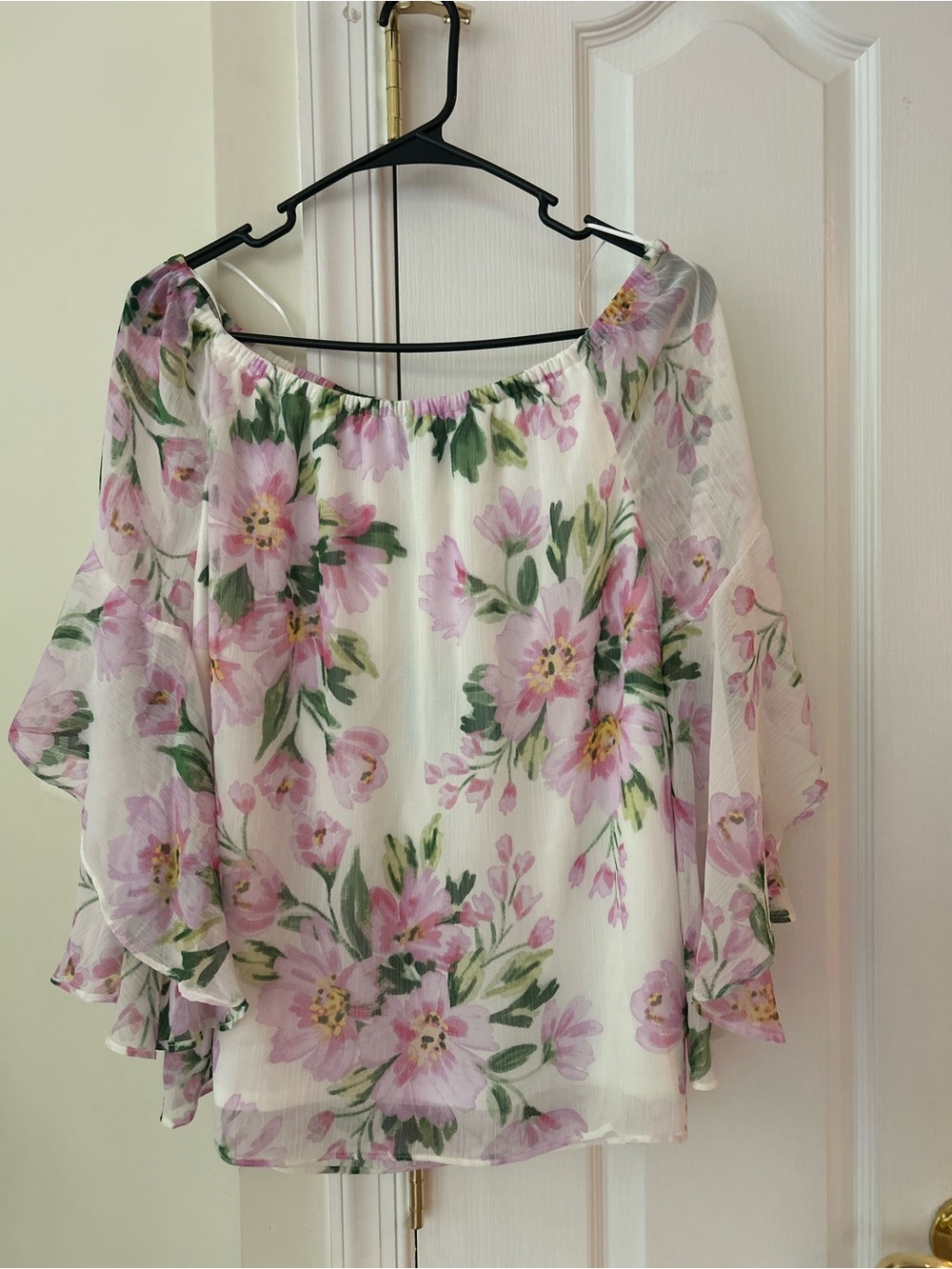 CeCe Pink and Green Floral Off-Shoulder Blouse
